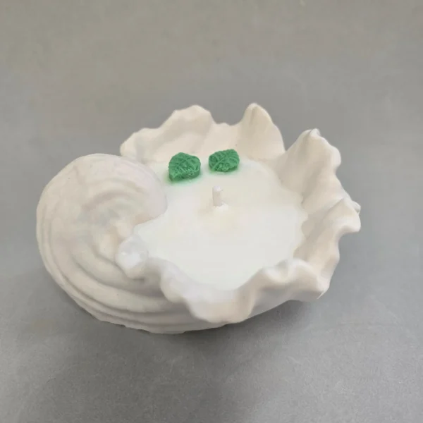 Vela concha de cera de soja, con mecha de algodón bañada en soja. Recipiente de Jesmonite.