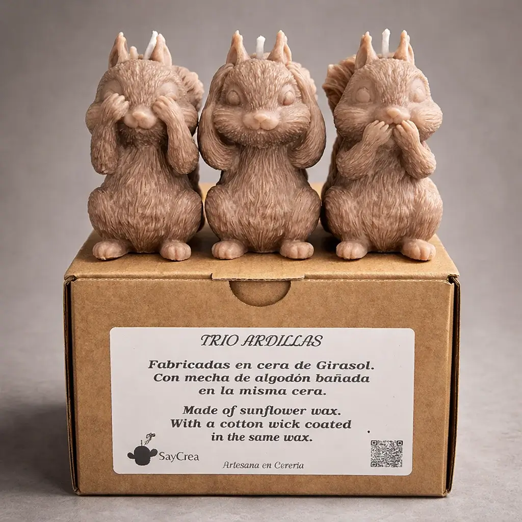 Pack trio Velas 3 Ardillas de cera de girasol con colorante orgánico marrón  (ver, oir y callar) Las tres piezas tienen las mismas dimensiones 4cm x 7 cm x 8 cm. El peso de 266 gramos es el total de las 3 piezas.